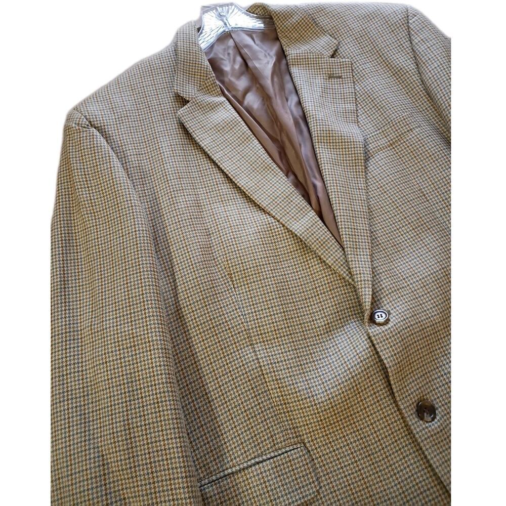 CHAPS 100%‎ Silk Houndstooth Blazer Sz 48L Tan Blue Sport Coat 2 Button Academia
